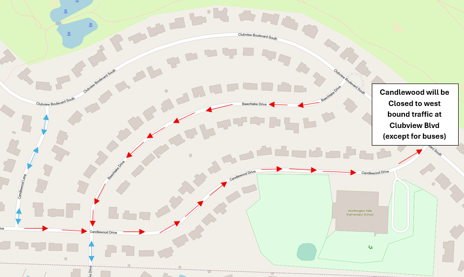 Map of the traffic pattern in the southern portion of Worthington Hills due to ongoing construction